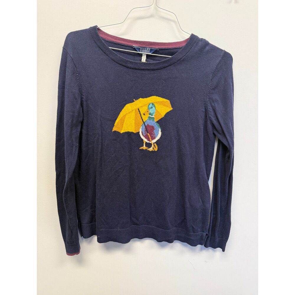 Joules Knitwear Miranda Navy Duck Umbrella Intarsia Sweater US 10 UK 14 Cotton